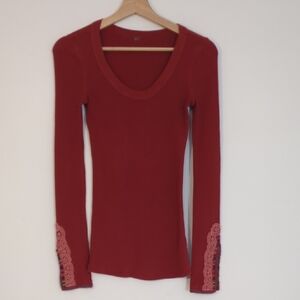 Free People Red Long Sleeve Top with Lace Cuffs